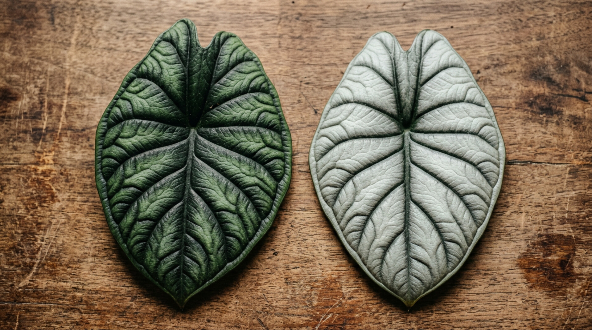 Two Alocasia baginda leaves side by side — Dragon Scale and Silver Dragon cultivars