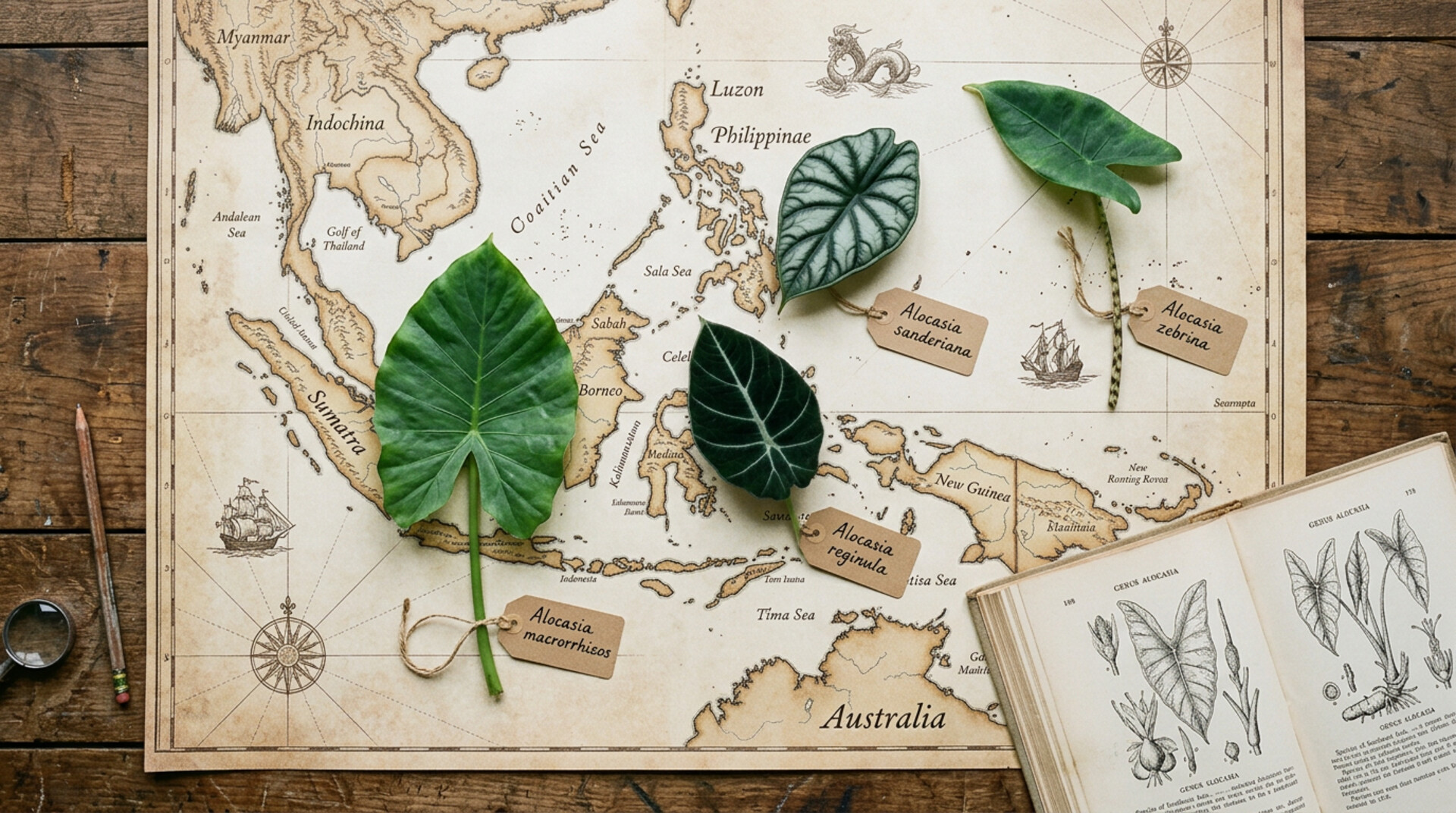 Antique map of Southeast Asia with Alocasia leaves placed at geographic origin points