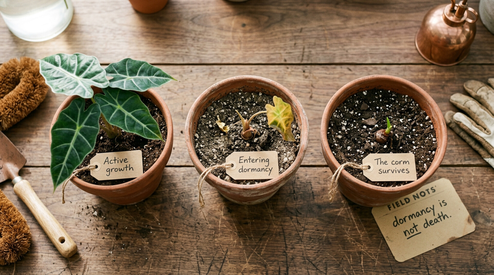 Three terracotta pots in sequence showing active growth, dormancy, and corm survival