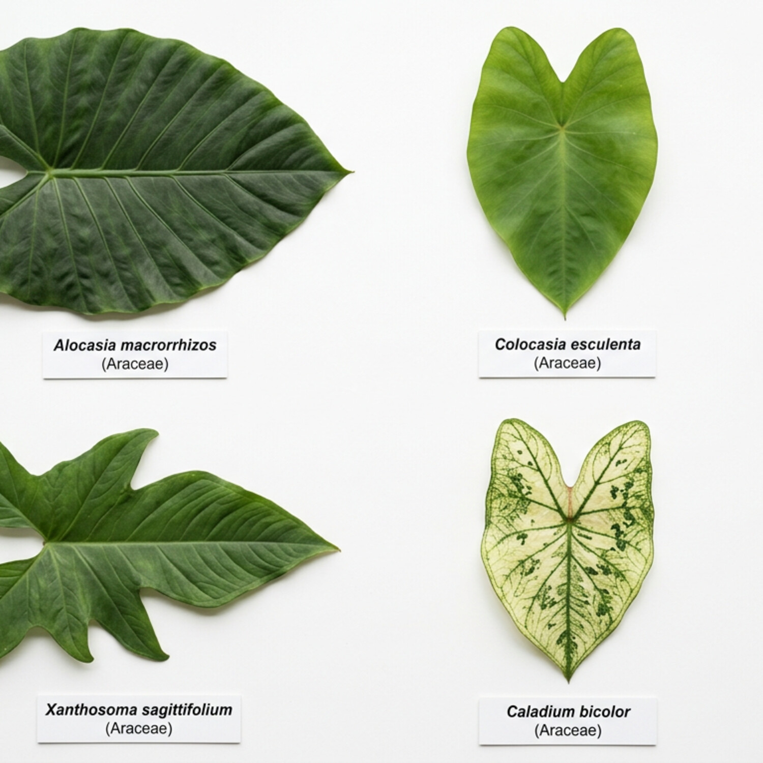 Four-way side-by-side specimen comparison of Alocasia, Colocasia, Xanthosoma, and Caladium leaves with scientific labels