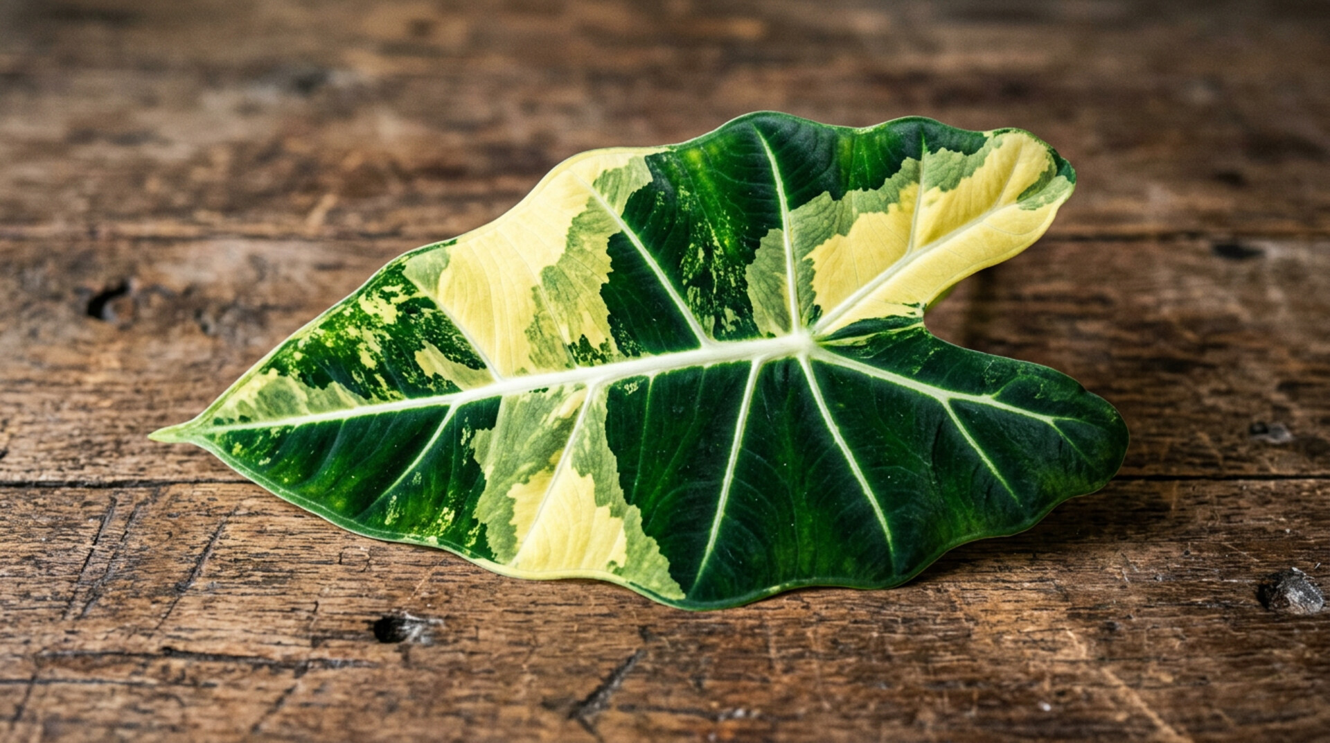 Single Alocasia Frydek Variegated leaf with cream chimeric variegation on velvet emerald