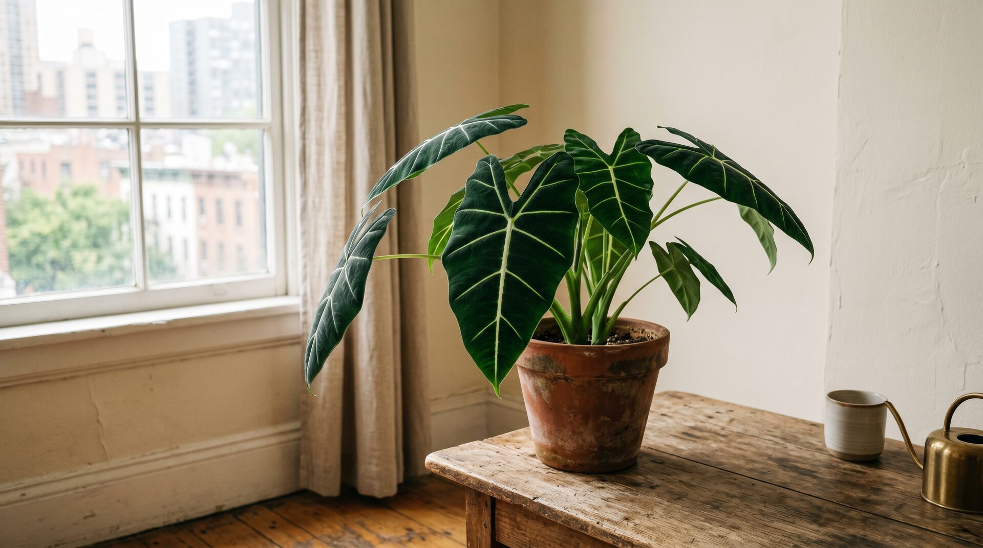 Alocasia micholitziana Frydek with deep matte-green leaves and bright white veins