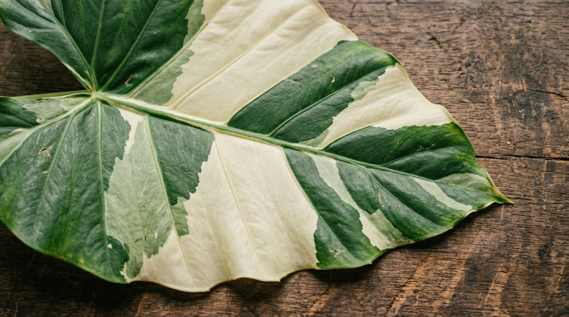 Alocasia macrorrhizos Variegated leaf showing bold cream-and-green chimeric variegation