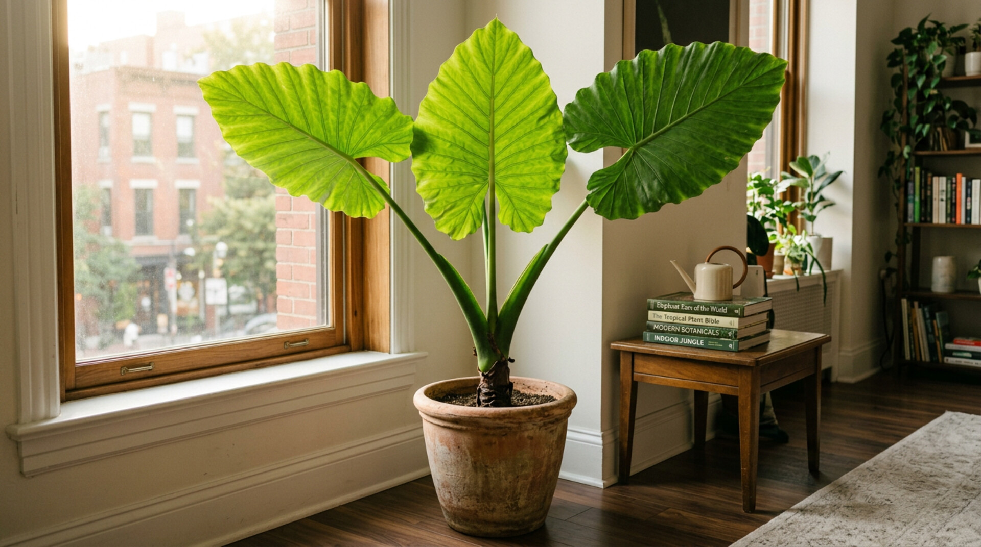 Mature Alocasia macrorrhizos with enormous bright-green sagittate leaves