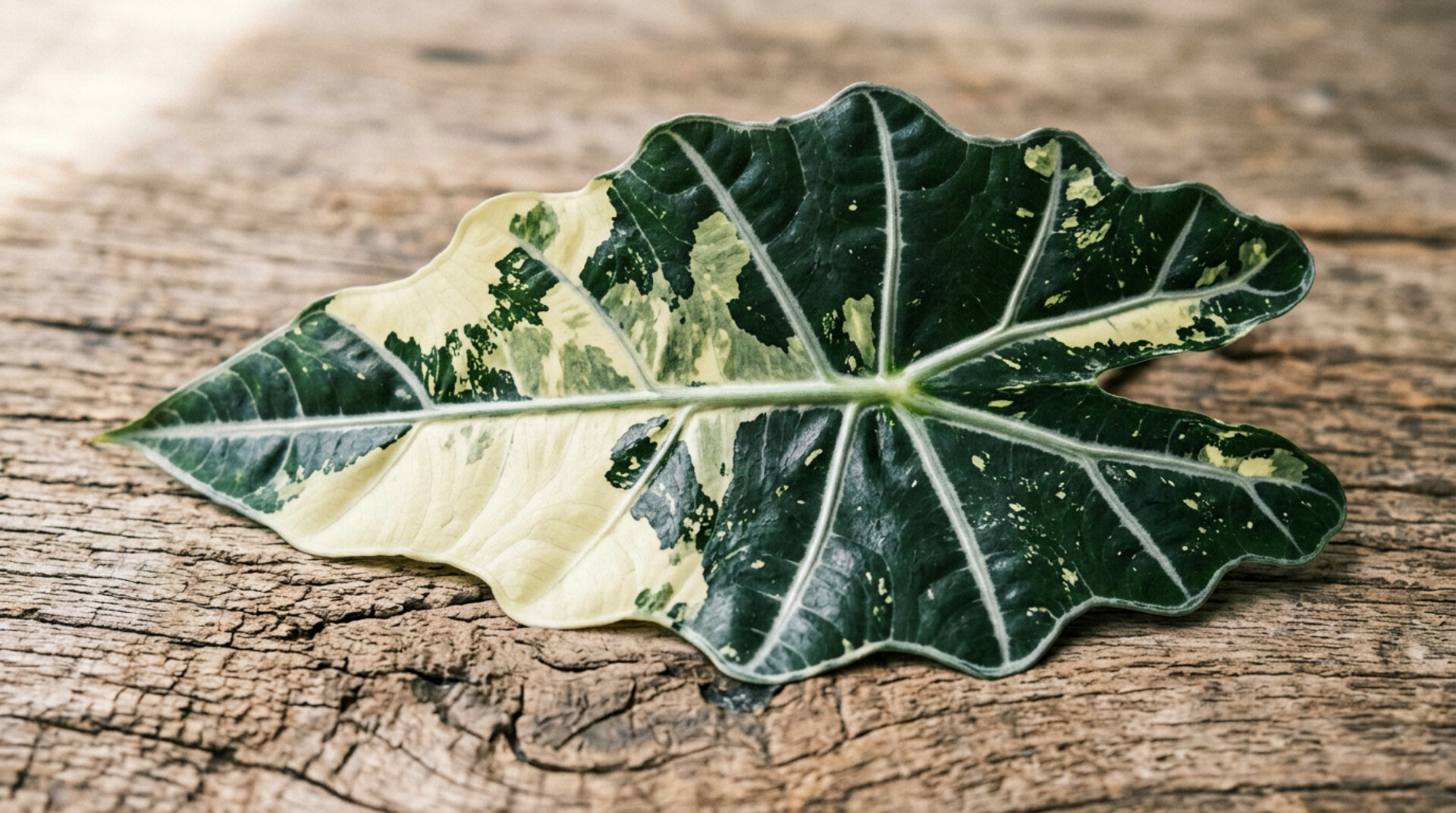 Alocasia Polly Variegated leaf showing chimeric cream sectoral variegation
