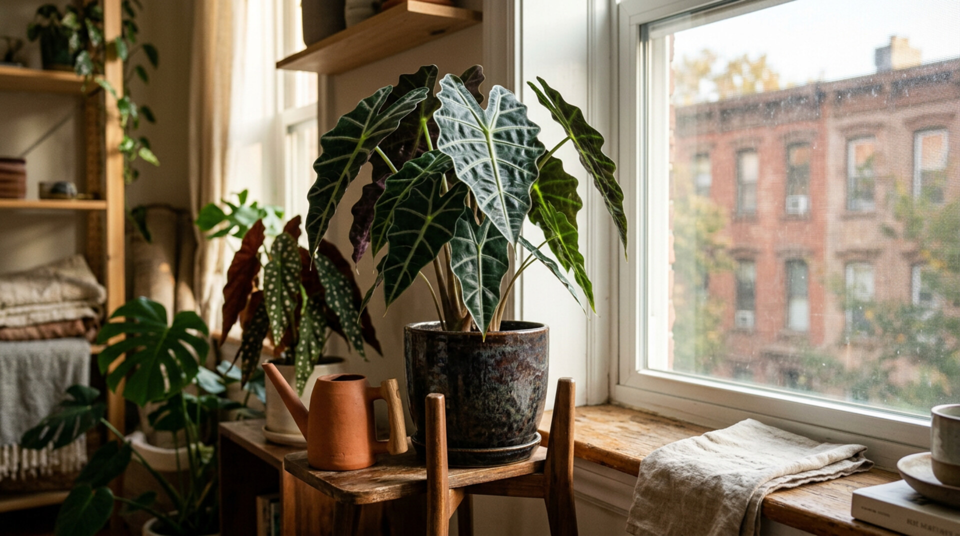 Alocasia Polly with dark sagittate leaves and silver veining in a glazed pot beside a sunlit window