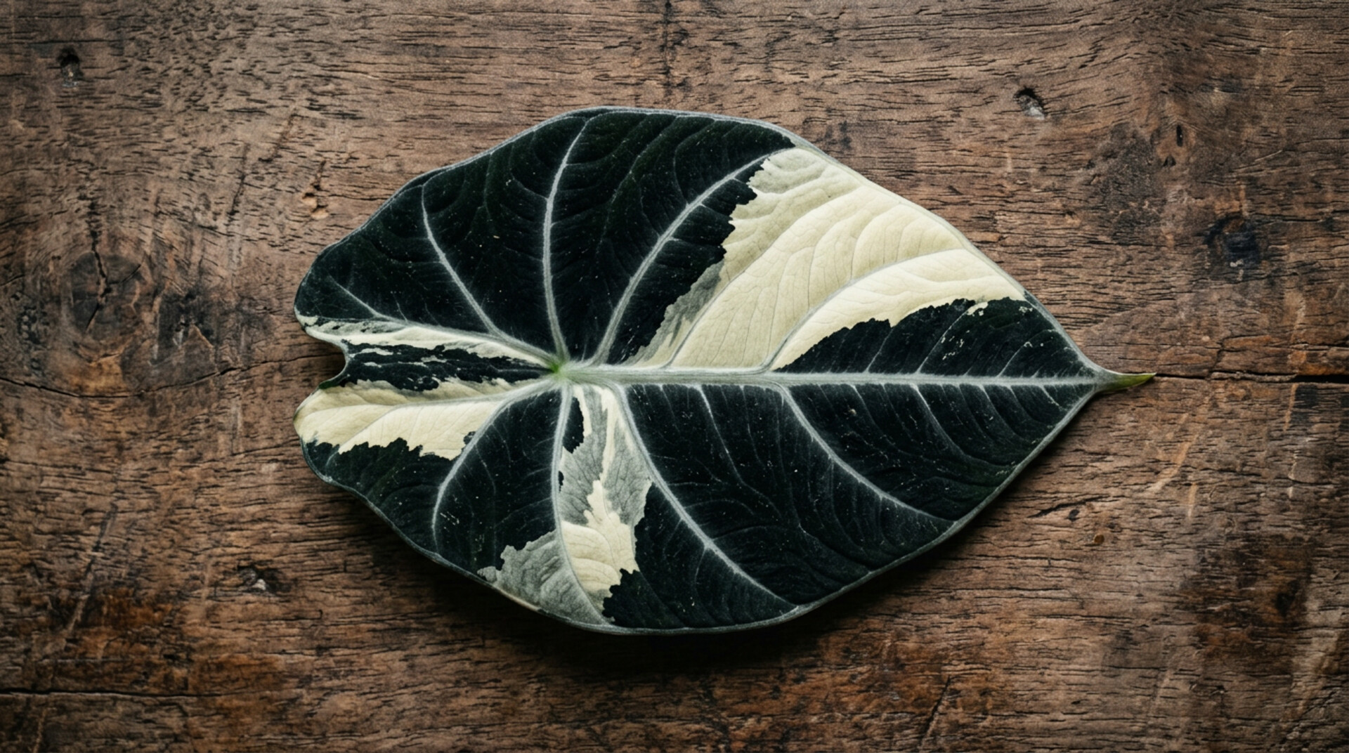 Alocasia reginula Black Velvet Variegated leaf with cream sectors on jet-black velvet