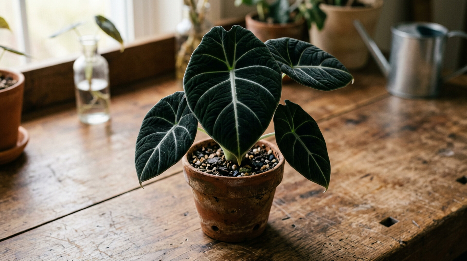 Alocasia reginula Black Velvet macro on weathered walnut with silver veining