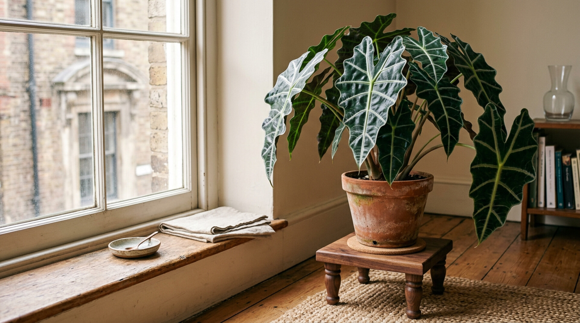Alocasia sanderiana ribbon-leaved kris plant in terracotta pot by a sunlit window