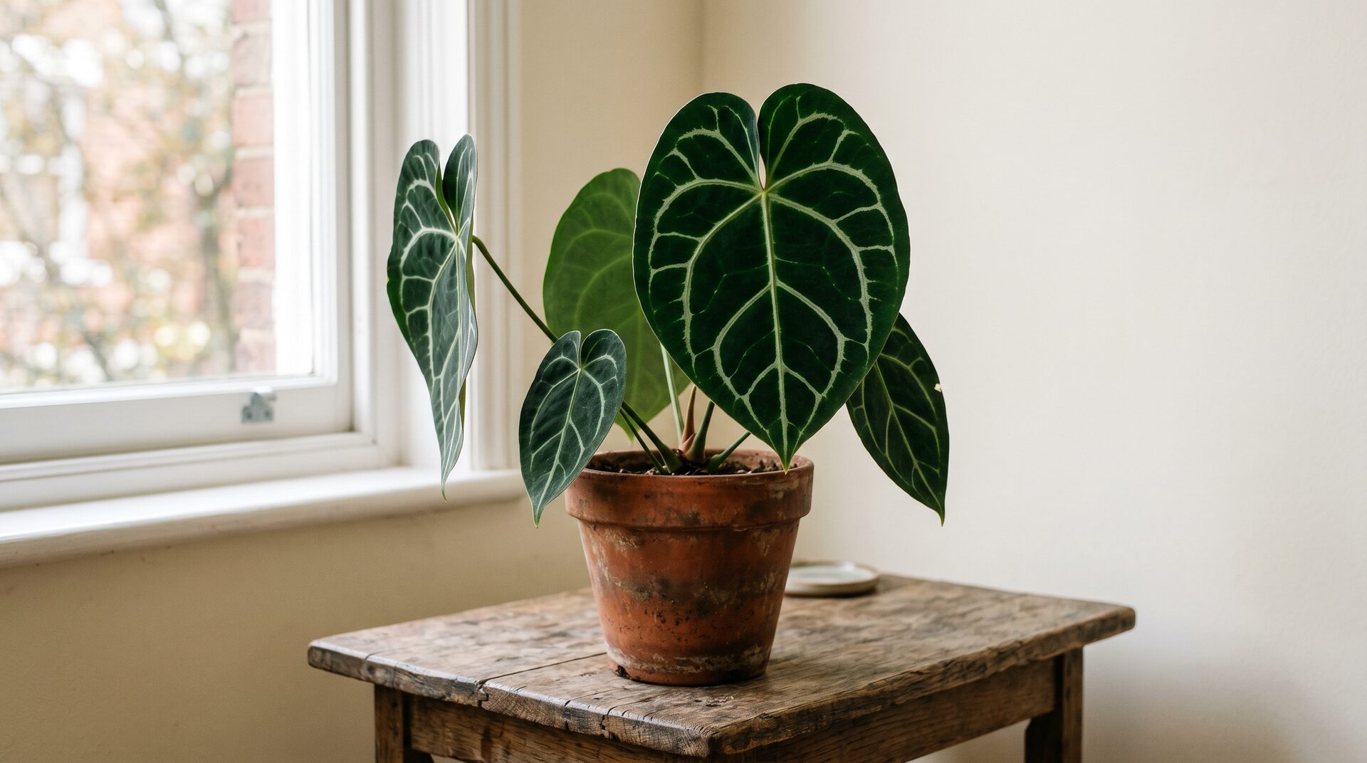 Mature Anthurium clarinervium with heart-shaped velvet leaves and prominent silver veining in a terracotta pot near a sunlit urban window