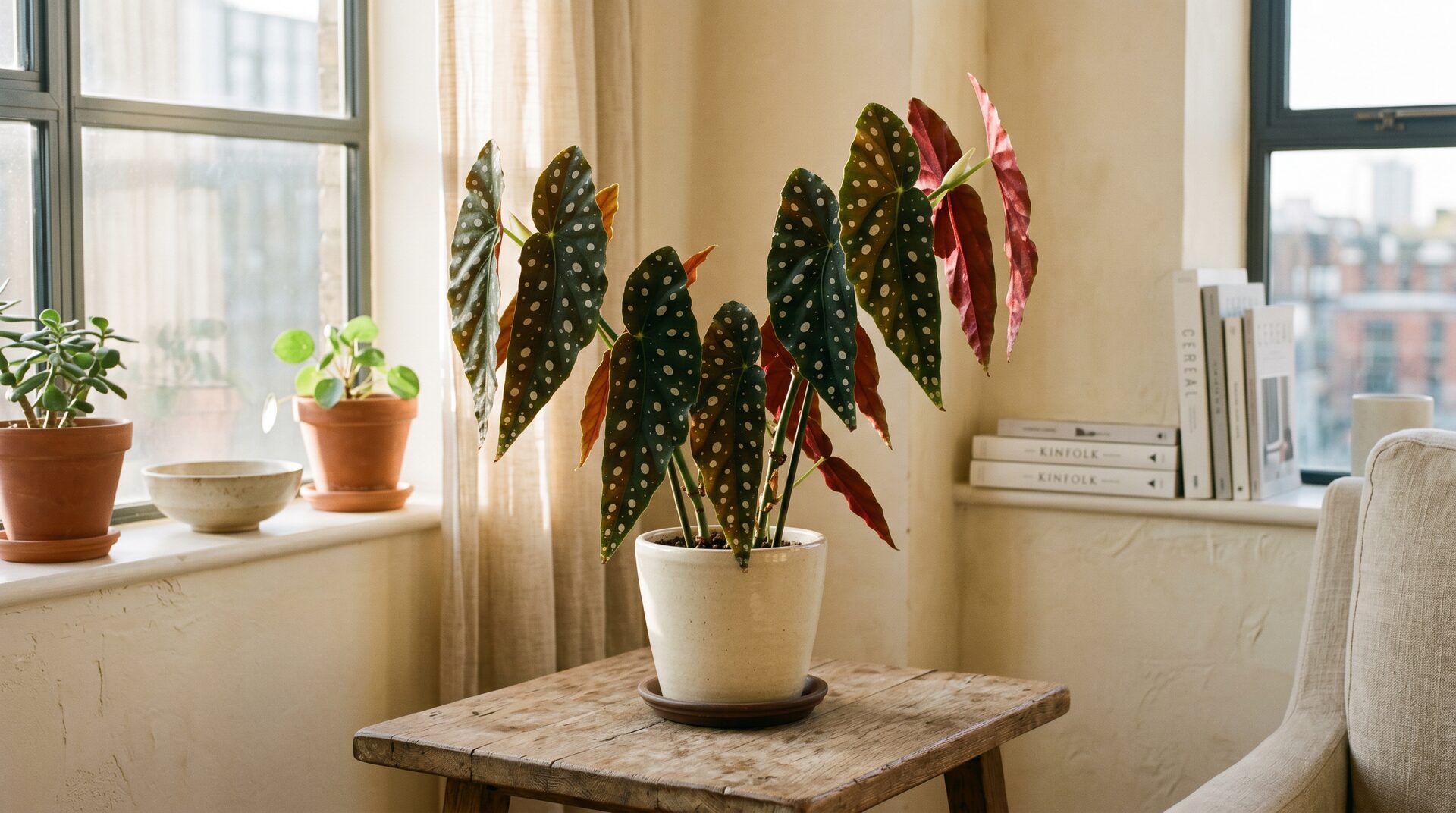 Begonia maculata leaves showing red underside and white polka dots