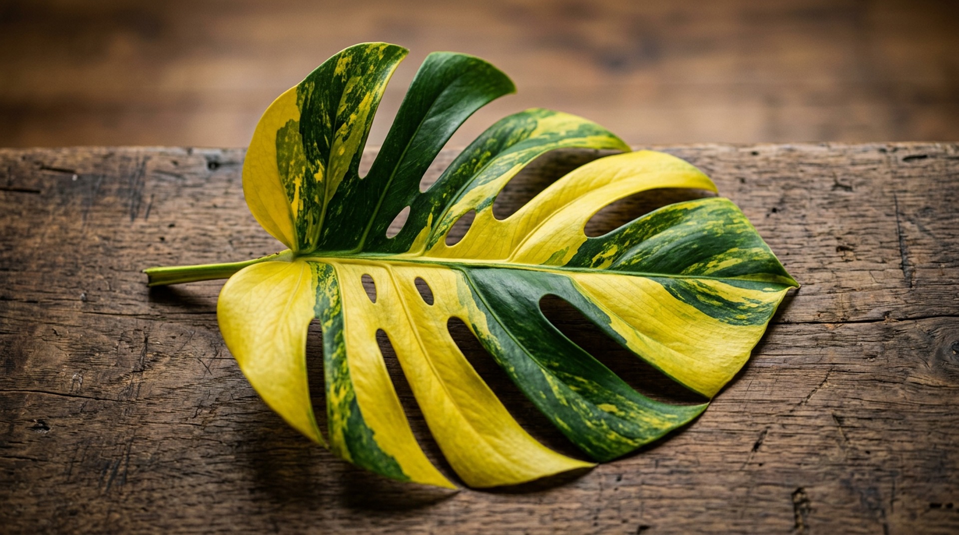 Yellow-and-green variegated Monstera Aurea leaf on weathered walnut