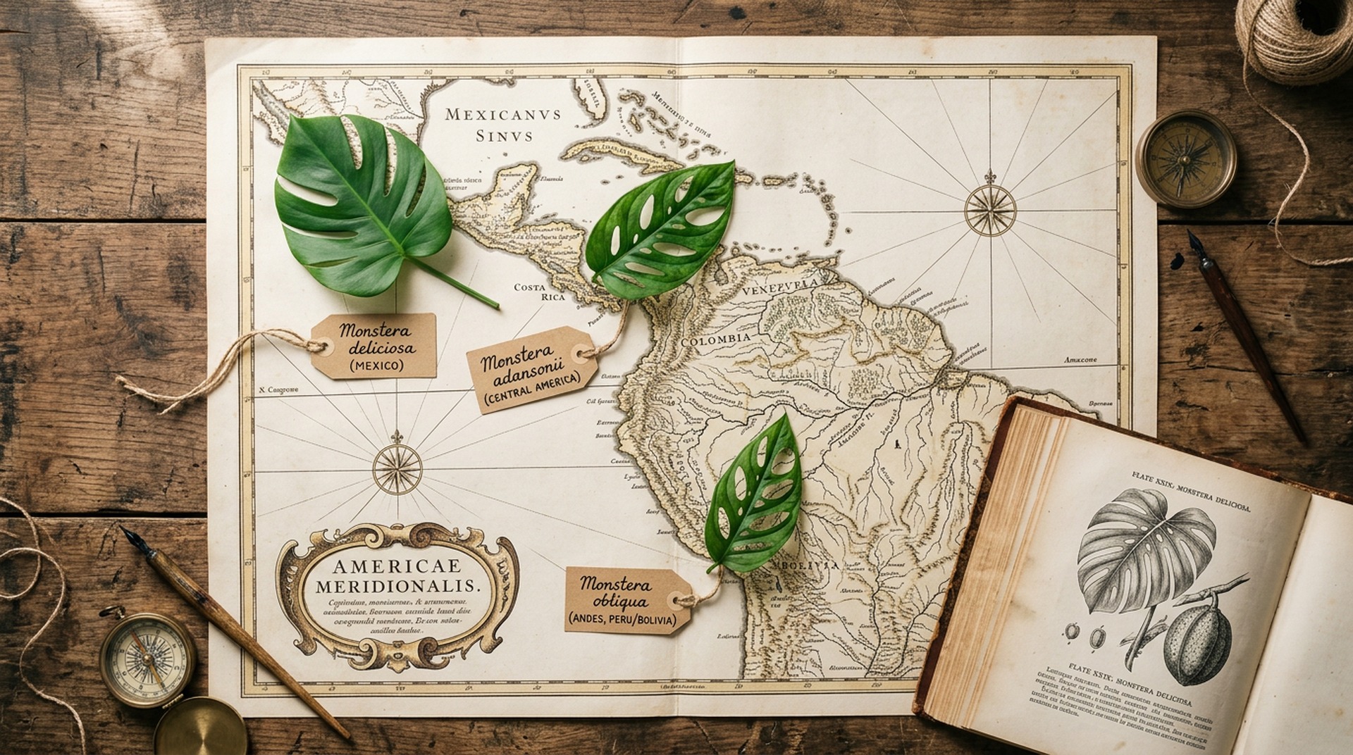 Antique map of Central and South America with Monstera leaves on their native regions