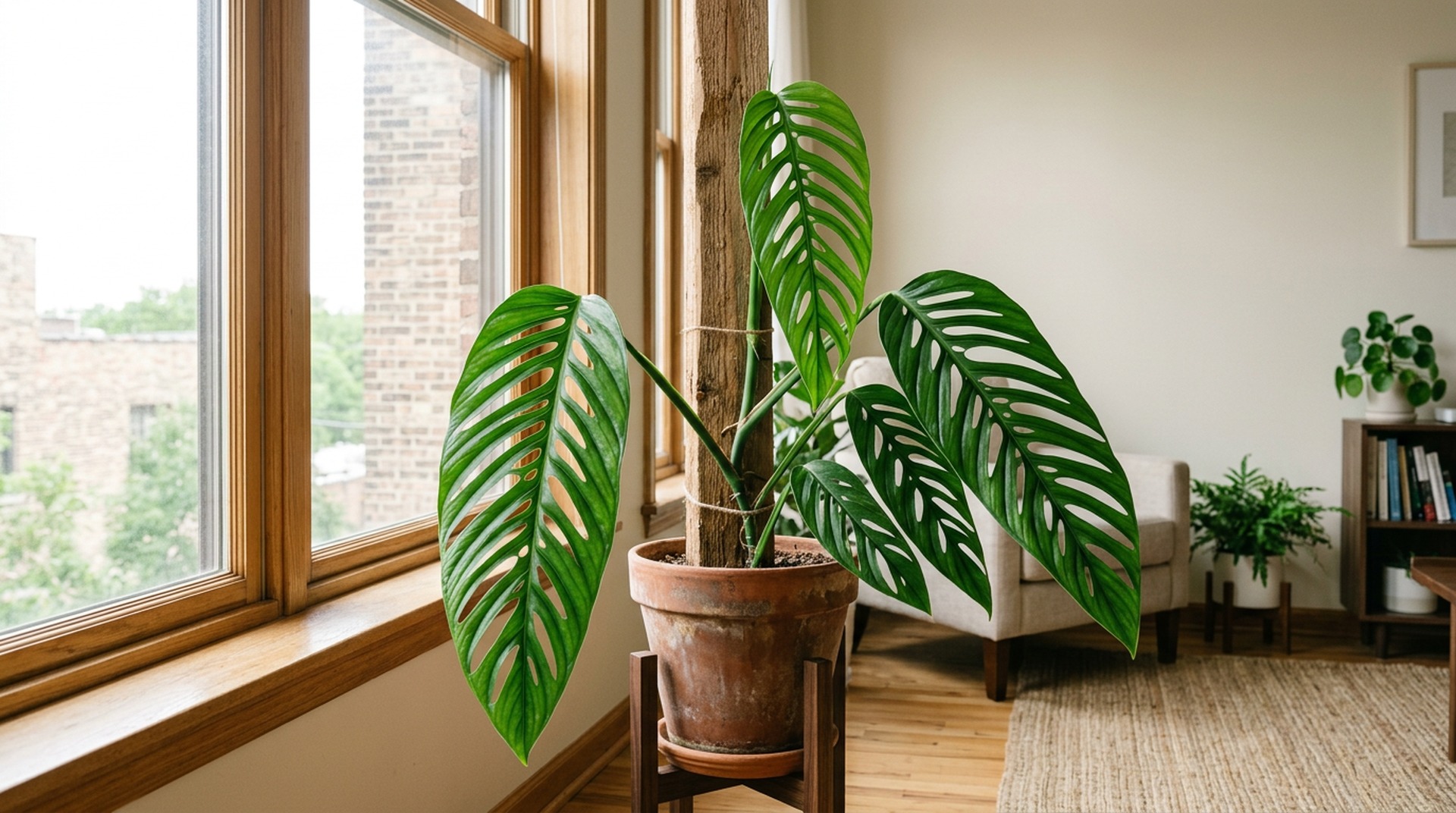 Adult Monstera epipremnoides showing elongated parallel fenestrations