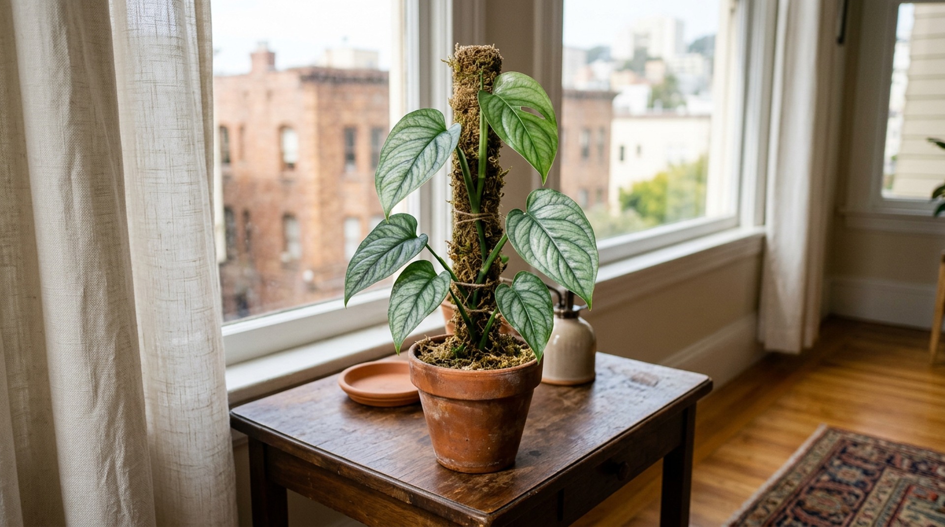 Juvenile Monstera siltepecana with silvery juvenile foliage on a small moss totem
