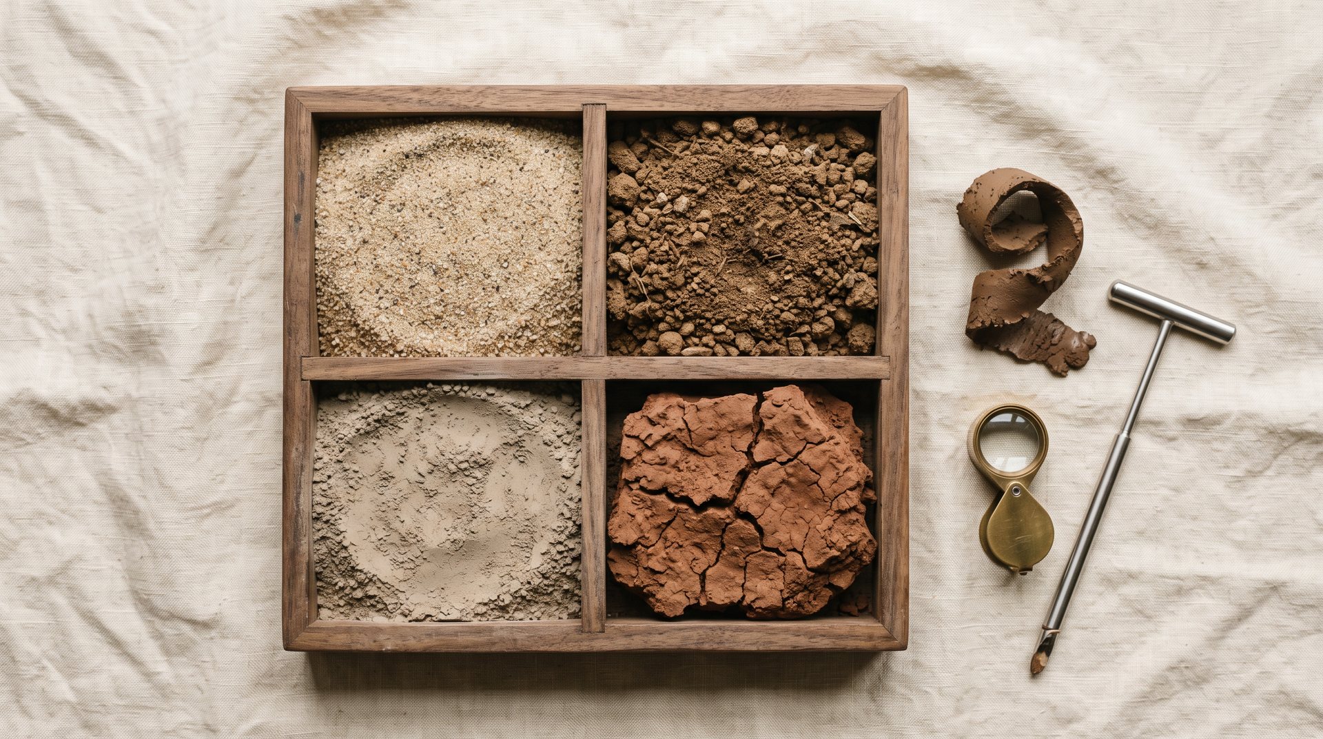 A walnut specimen tray with four compartments holding samples of native soil across the texture range: pale gritty sand, medium brown loam, a smooth grey silt loam, and a dense red-brown clay clod, with a curl of moist clay, a brass hand lens, and a stainless soil probe resting on cream linen beside the tray