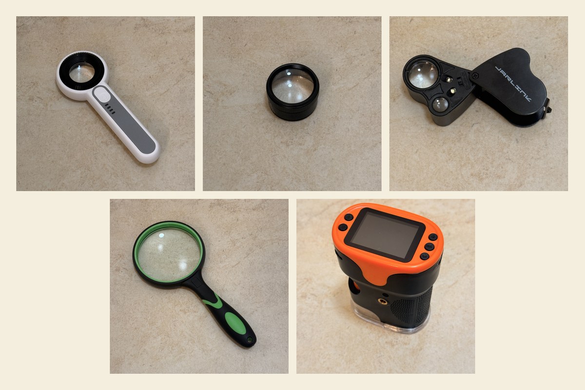 Five hand lenses arranged in two rows on a cream limestone counter. Top row: the three recommended units. Bottom row: the two not recommended.