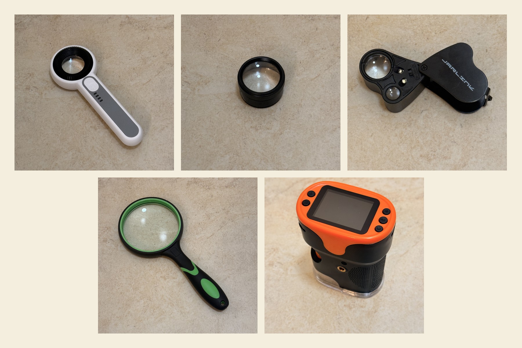 Five hand lenses arranged in two rows on a cream limestone counter. Top row (the three recommended units): a Handheld 60X UV+LED loupe with white body and grey grip, a Rongon 30X black cylindrical pocket loupe, and a JARLINK 30X/60X folding illuminated loupe open flat with two small lens elements visible. Bottom row (the two not recommended): a 10X shatterproof handheld magnifier with a green rubber grip and wide round lens, and a 1000X digital microscope with an orange plastic housing and a small screen