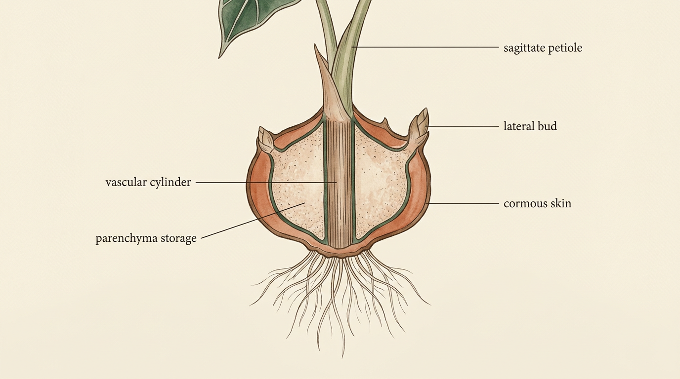 Vertical cross-section of an Alocasia corm showing labeled internal anatomy: vascular cylinder, parenchyma storage, cormous skin, lateral bud
