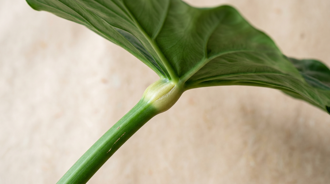 Macro photograph of the geniculum on an Alocasia macrorrhizos petiole, showing the pale swollen joint where the green stalk meets the underside of the leaf blade