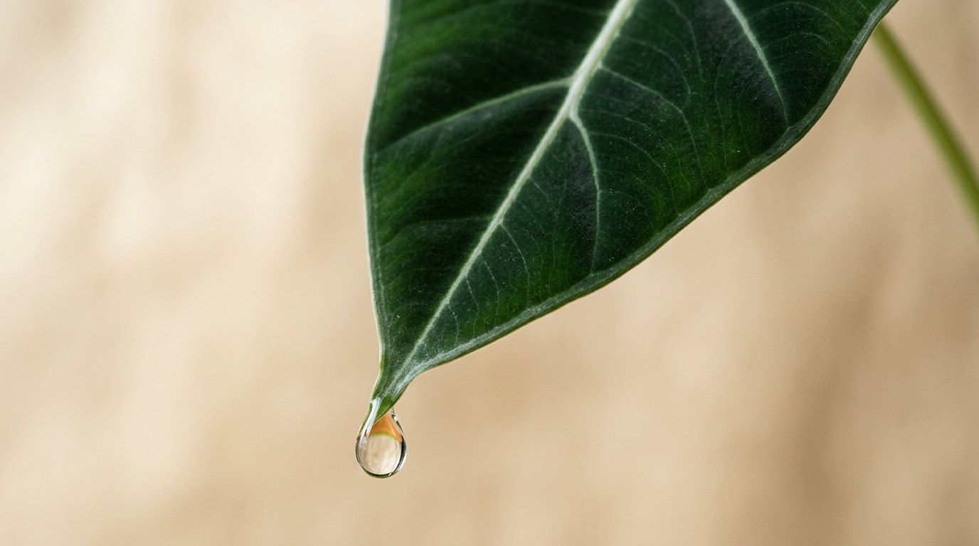 Macro photograph of an Alocasia Frydek leaf tip with a clear water droplet hanging from the acuminate apex in soft morning light