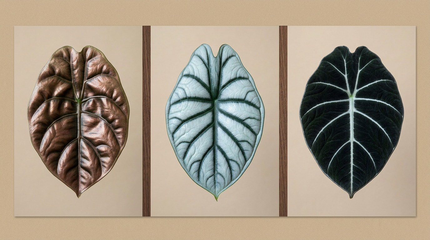 Three-panel comparison plate showing iridescent leaves of Alocasia cuprea (copper), Alocasia baginda Silver Dragon (silver-blue), and Alocasia reginula Black Velvet (matte with metallic depth)