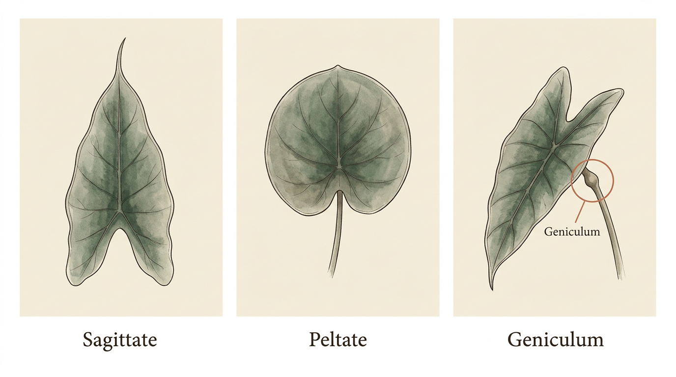 Three-panel botanical plate showing sagittate, peltate, and geniculum-labeled Alocasia leaf forms side-by-side