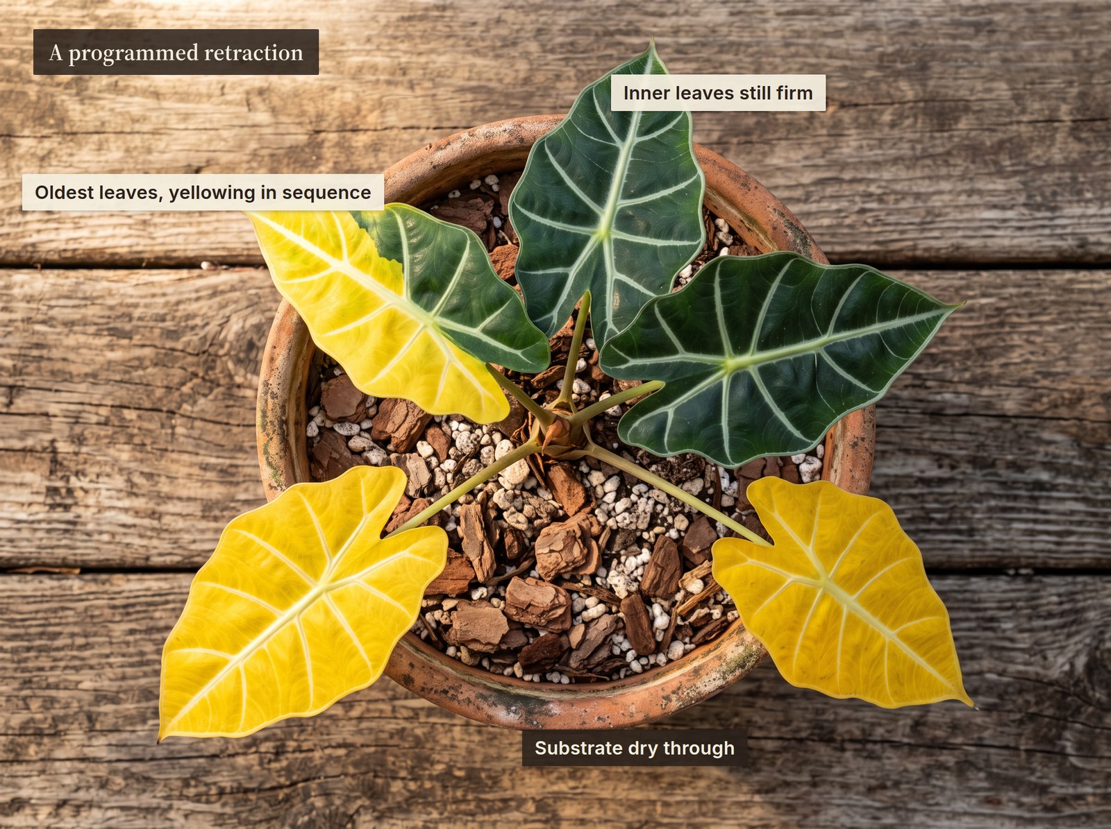 Top-down view of an Alocasia in a terracotta pot. The three outer leaves are fully yellow, the two inner leaves deep green, and the chunky bark-and-perlite substrate is dry and pale.