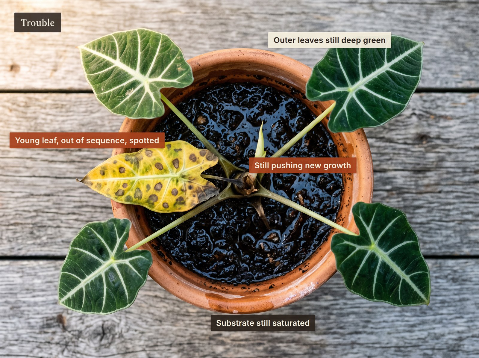 Top-down view of an Alocasia in a terracotta pot. Four leaves are deep green while one younger inner leaf is blotchy yellow with dark brown spots, and the substrate is soaked and glossy black.