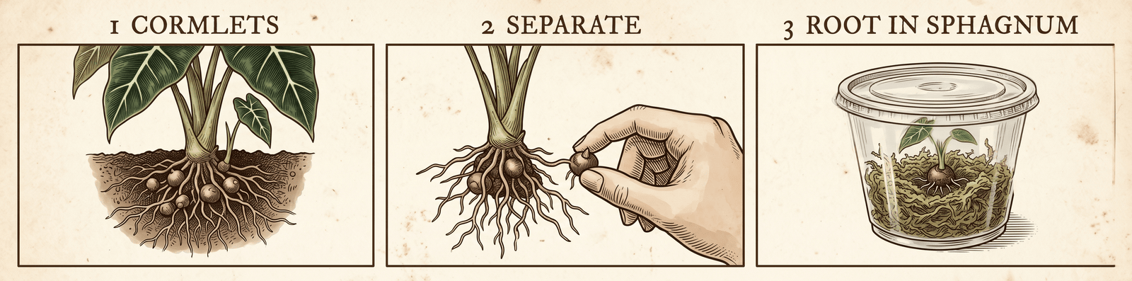 Three-panel illustration of propagating Alocasia Frydek from the corm: marble-sized cormlets on the parent roots, one separated, and one rooting in damp sphagnum in a covered cup