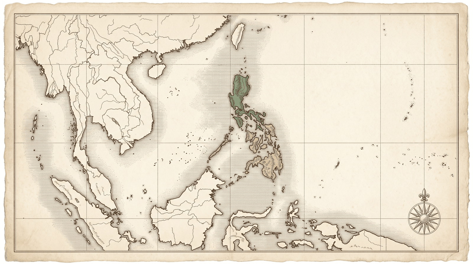Antique-style map of Southeast Asia with the Philippine island of Luzon highlighted, the native range of the Alocasia micholitziana species behind the Frydek cultivar