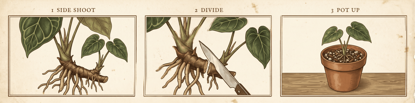 Three-panel illustration of dividing Anthurium clarinervium at repot: a rhizome side shoot with two leaves and roots, separating it with a clean blade, and the division potted into chunky mix