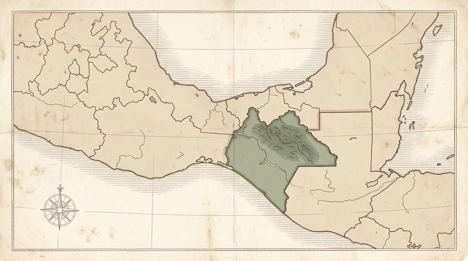 Antique-style map of southern Mexico with the limestone karst of northern Chiapas highlighted, the endemic range of Anthurium clarinervium