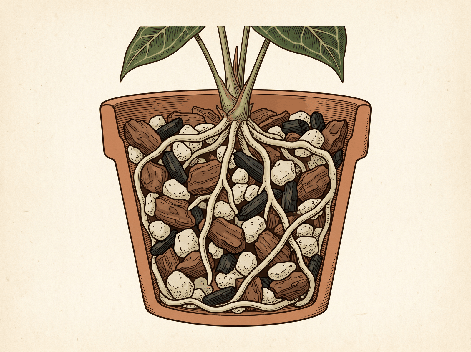 Cutaway illustration of a terracotta pot holding Anthurium clarinervium in a coarse mix of bark, pumice, and charcoal, its pale roots gripping the chunks with air gaps between particles