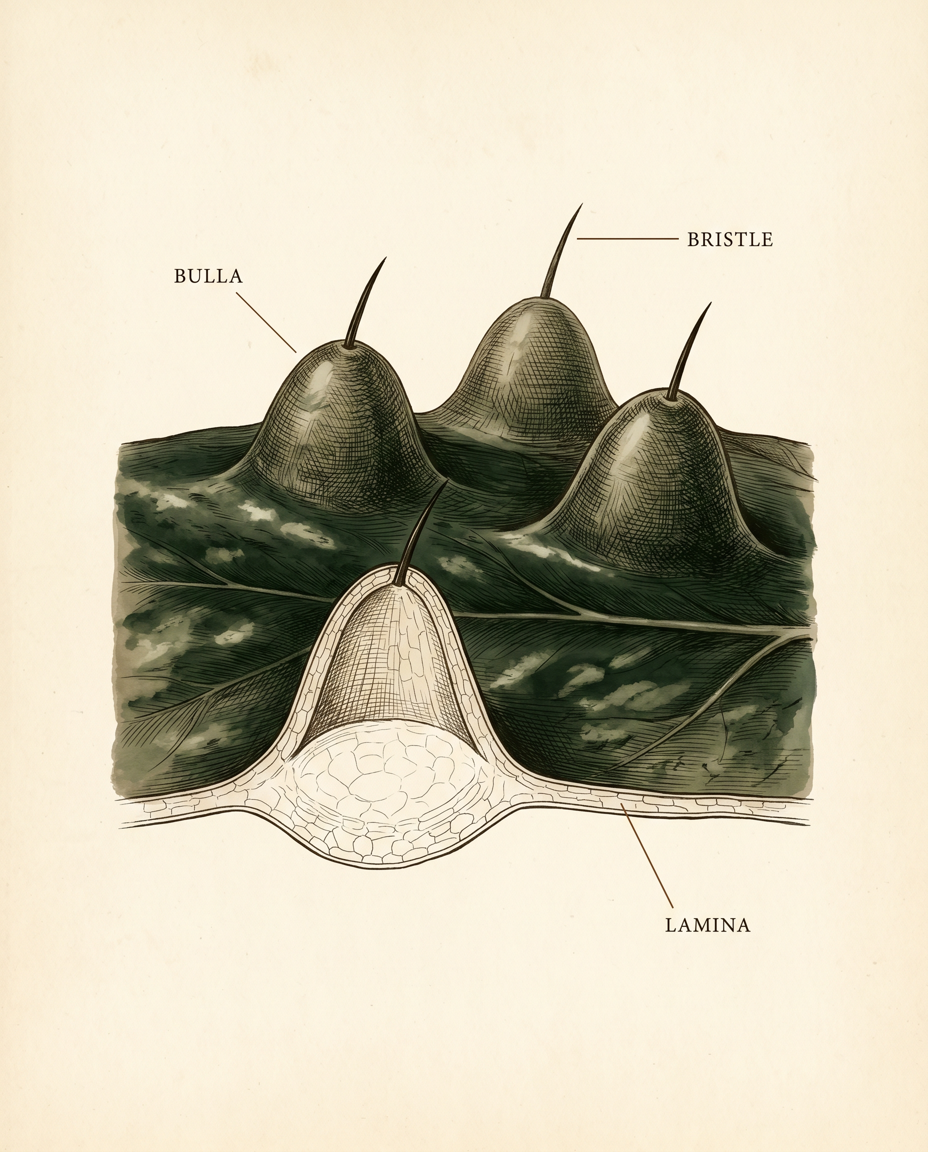 Cross-section illustration of the Begonia ferox leaf surface showing rounded conical bullae rising from the dark leaf blade, each tipped with a stiff dark bristle, labeled bulla, bristle, and lamina