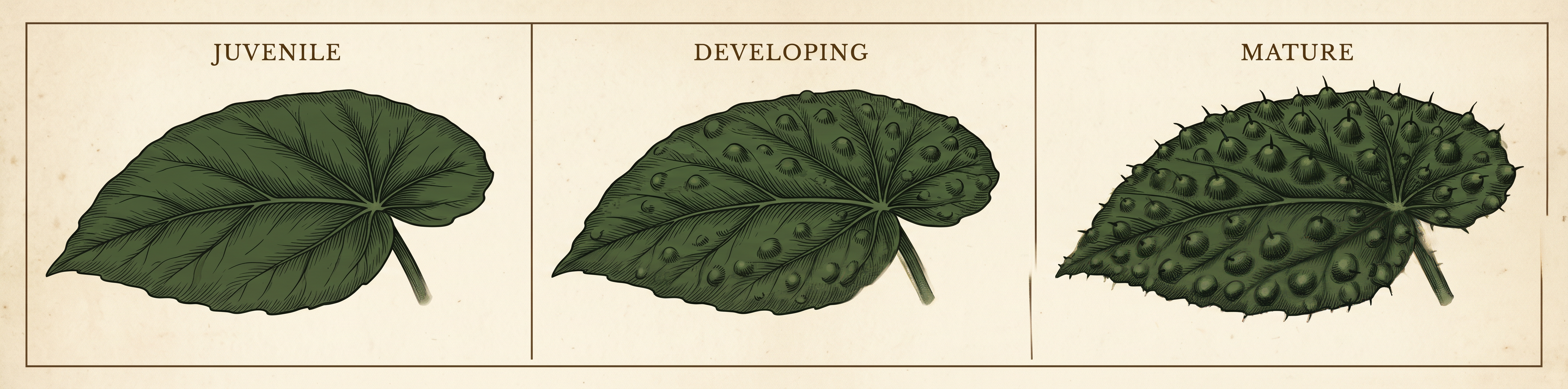 Three-panel illustration of a Begonia ferox leaf maturing: a smooth juvenile leaf, a developing leaf with small rising domes, and a mature leaf fully covered in pronounced bristle-tipped bullae