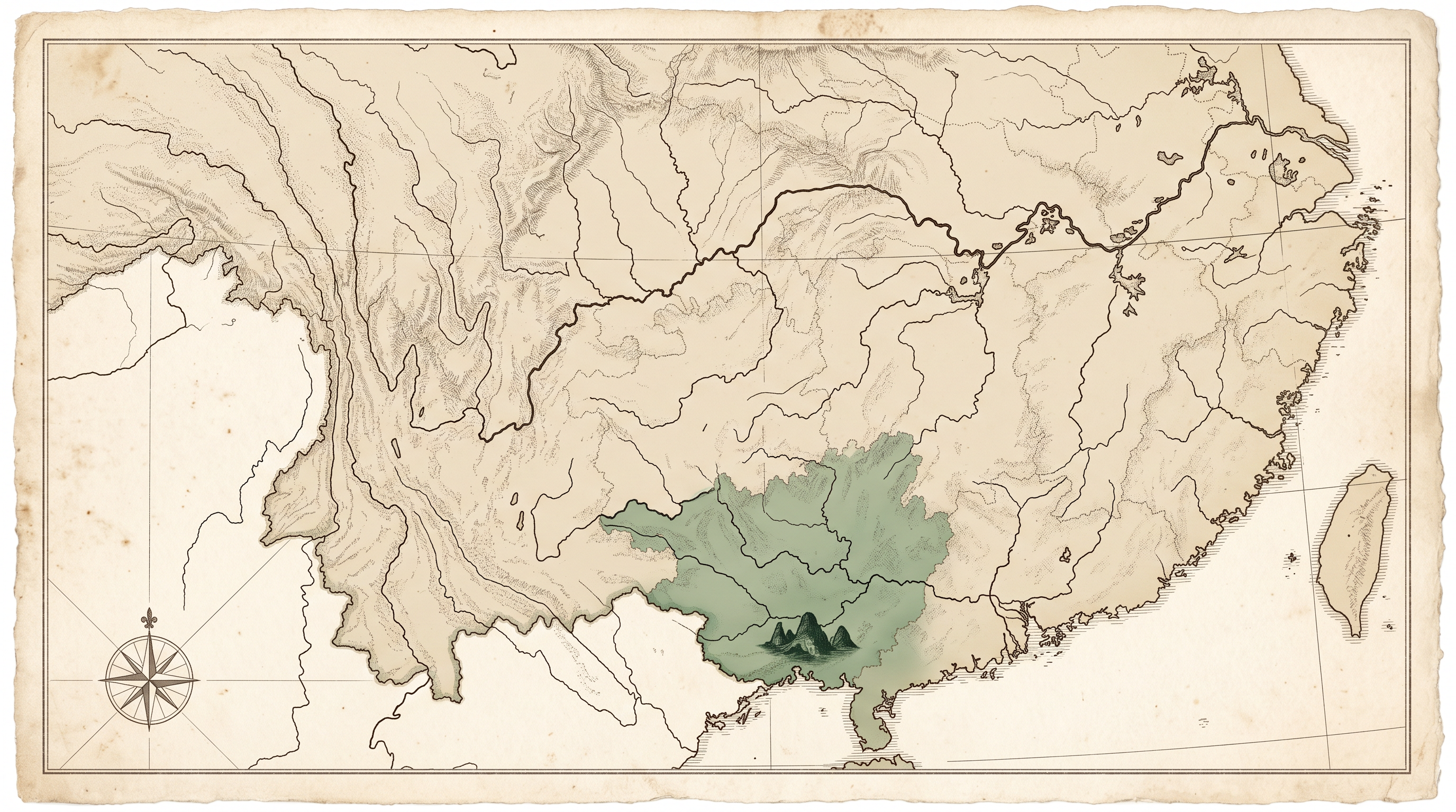 Antique-style map of southwestern China with the Guangxi limestone karst near the Vietnam border highlighted, the single-hill endemic range of Begonia ferox