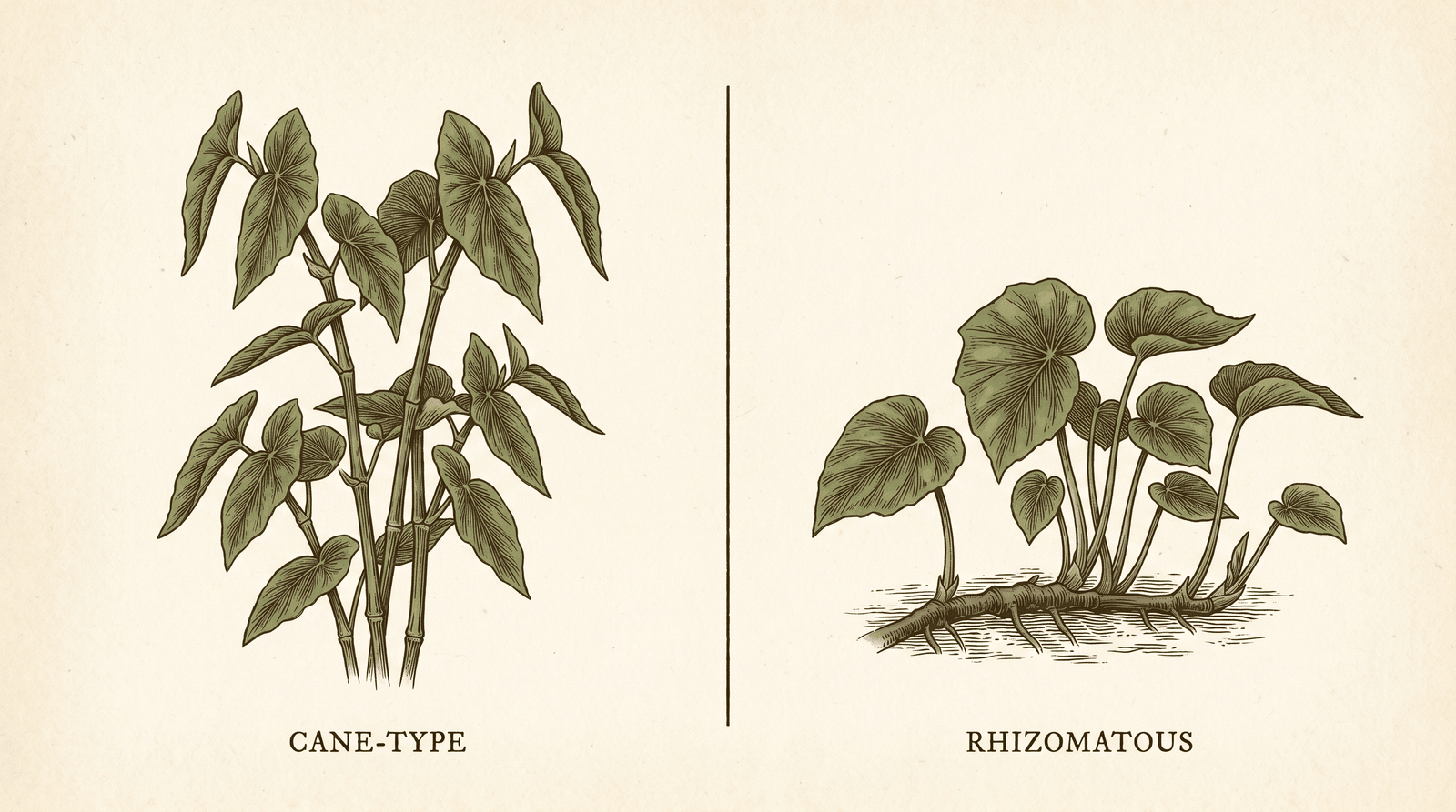 Comparison illustration of a cane-type begonia growing upright on jointed bamboo-like stems beside a rhizomatous begonia growing low from a thick creeping horizontal rhizome