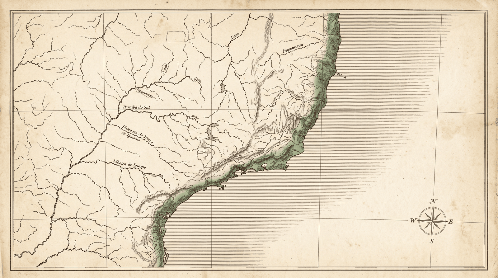 Antique-style map of southeastern Brazil with the Atlantic coastal forest around Rio de Janeiro and Espirito Santo highlighted, the native range of Begonia maculata