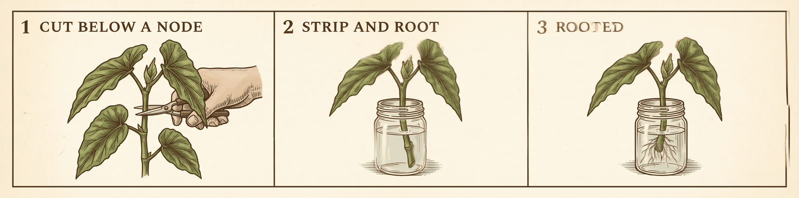 Three-panel illustration of propagating a cane begonia: a cutting taken below a node, the lower leaves stripped and the cutting standing in a jar of water, and the same cutting showing new roots