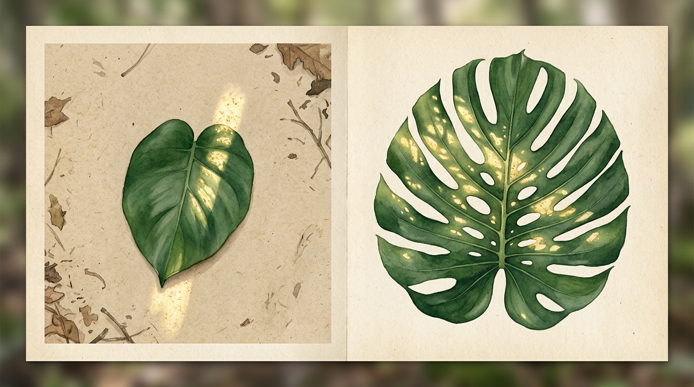 Two-panel diagram from above showing two Monstera leaves on a kraft-paper forest floor scattered with golden sunfleck dots: a small entire juvenile leaf covering a narrow footprint of sunflecks (left), and a large fenestrated adult leaf of comparable total tissue area covering a wider footprint of sunflecks (right)