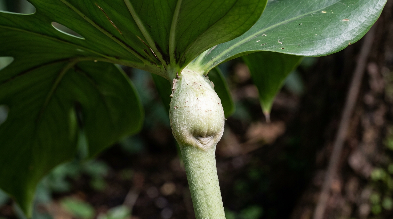 Macro photograph of the geniculum on a mature Monstera deliciosa petiole — a pale greenish-white swollen segment where the petiole meets the underside of the leaf blade, with the glossy forest-green blade above and the firm round petiole below, against a softly defocused forest backdrop