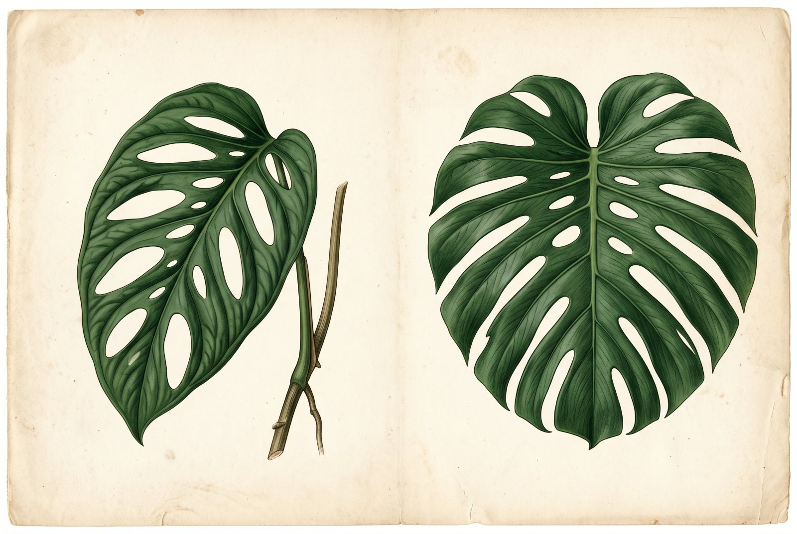 Two Monstera leaves side by side: left, Monstera adansonii with oval holes enclosed inside the blade and an unbroken margin; right, adult Monstera deliciosa with deep splits cutting in from the edge into finger-like lobes