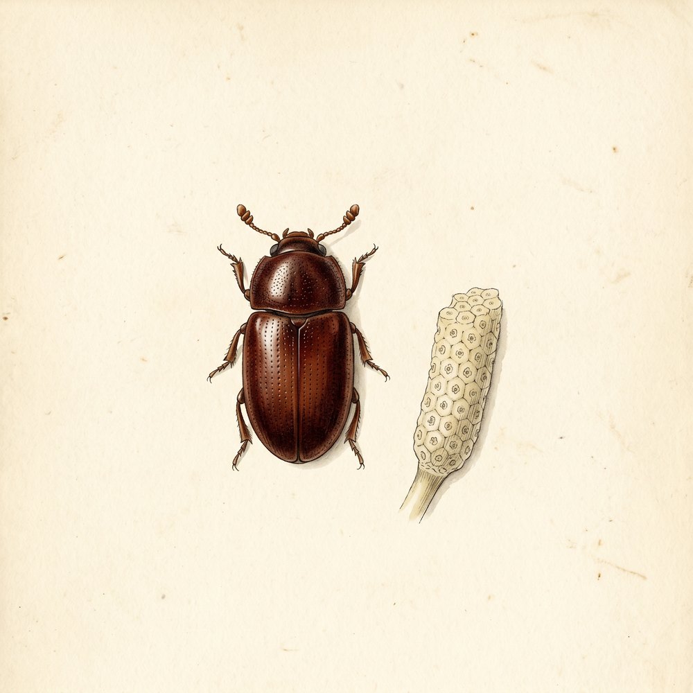 A small oval reddish-brown nitidulid sap beetle shown beside a short section of pale Monstera spadix for scale, in a herbarium-plate illustration style