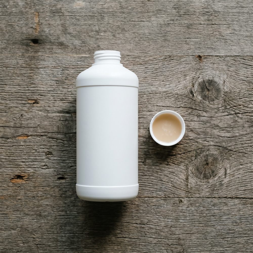 Bottle of liquid BTI concentrate on a weathered wood surface