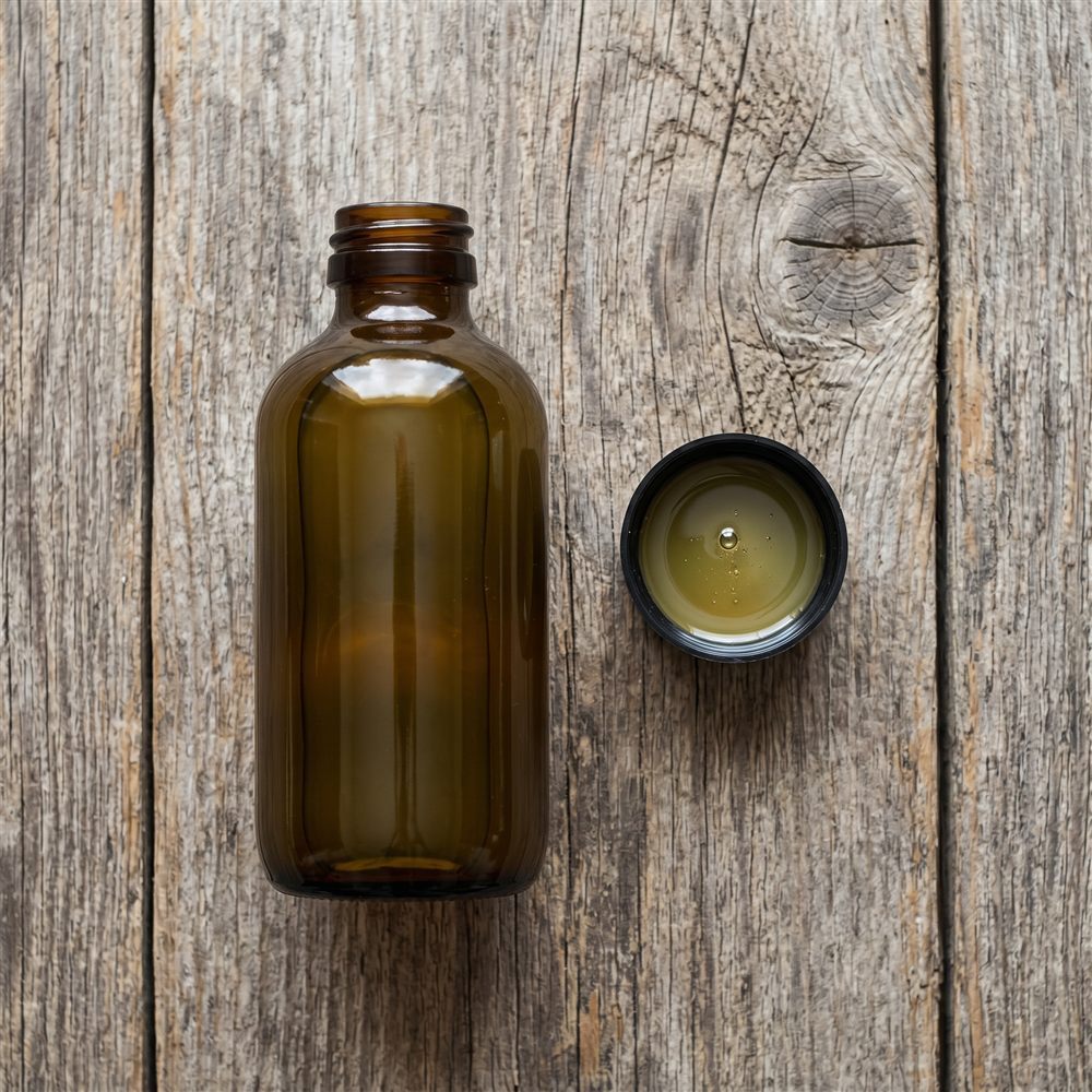 Amber bottle of liquid plant supplement on a weathered wood surface