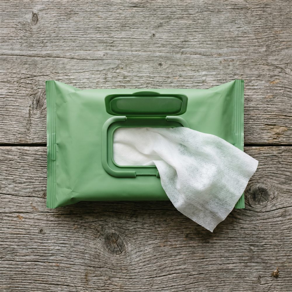 Green pouch of pre-moistened plant wipes on a weathered wood surface