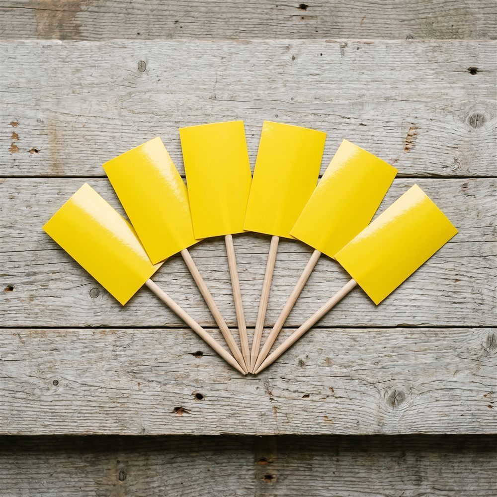 Yellow sticky trap stakes on a weathered wood surface